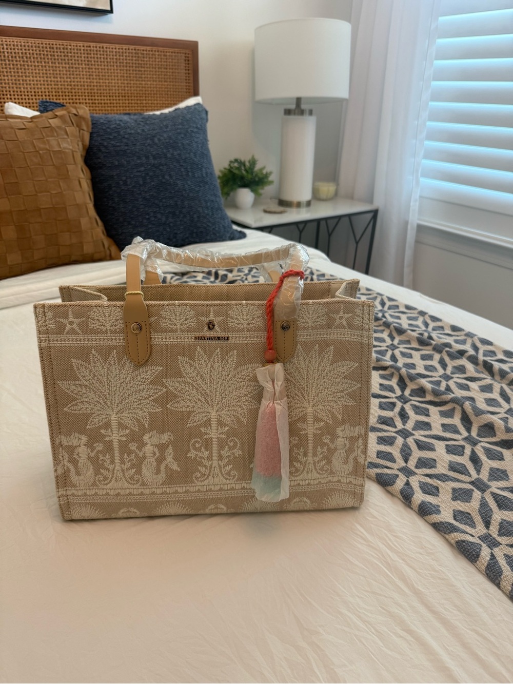 Spartina 449 Beige and White Palm Jacquard Tote with Pastel Tassel